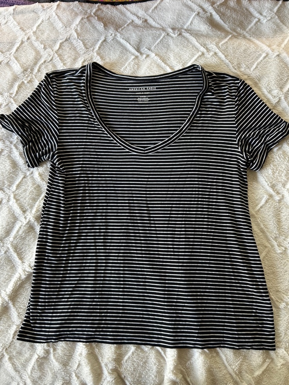 American Eagle Outfitters Black and White Striped V-Neck Tee